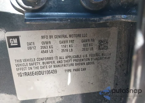 2013 Chevrolet Volt из США, поврежденный, VIN 1G1RA6E49DU106439